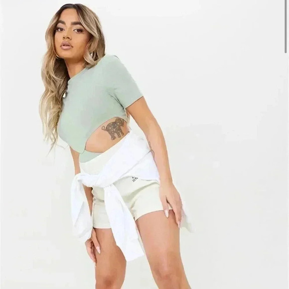 PrettyLittleThing Tops - Petite Sage Green Cotton Cut Out Bodysuit